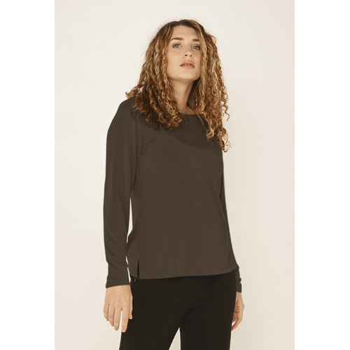 Bamboo Boat Neck Long Sleeve Tee - Cocoa